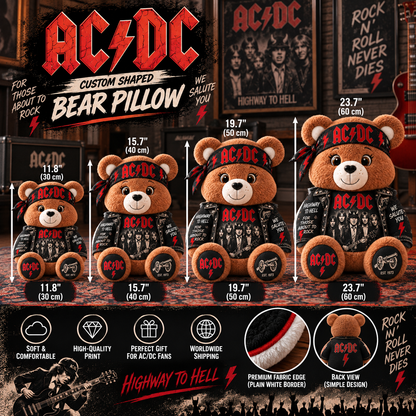 AC/DC Custom Shaped Bear Pillow – Classic Rock Inspired Gift for AC/DC Fans