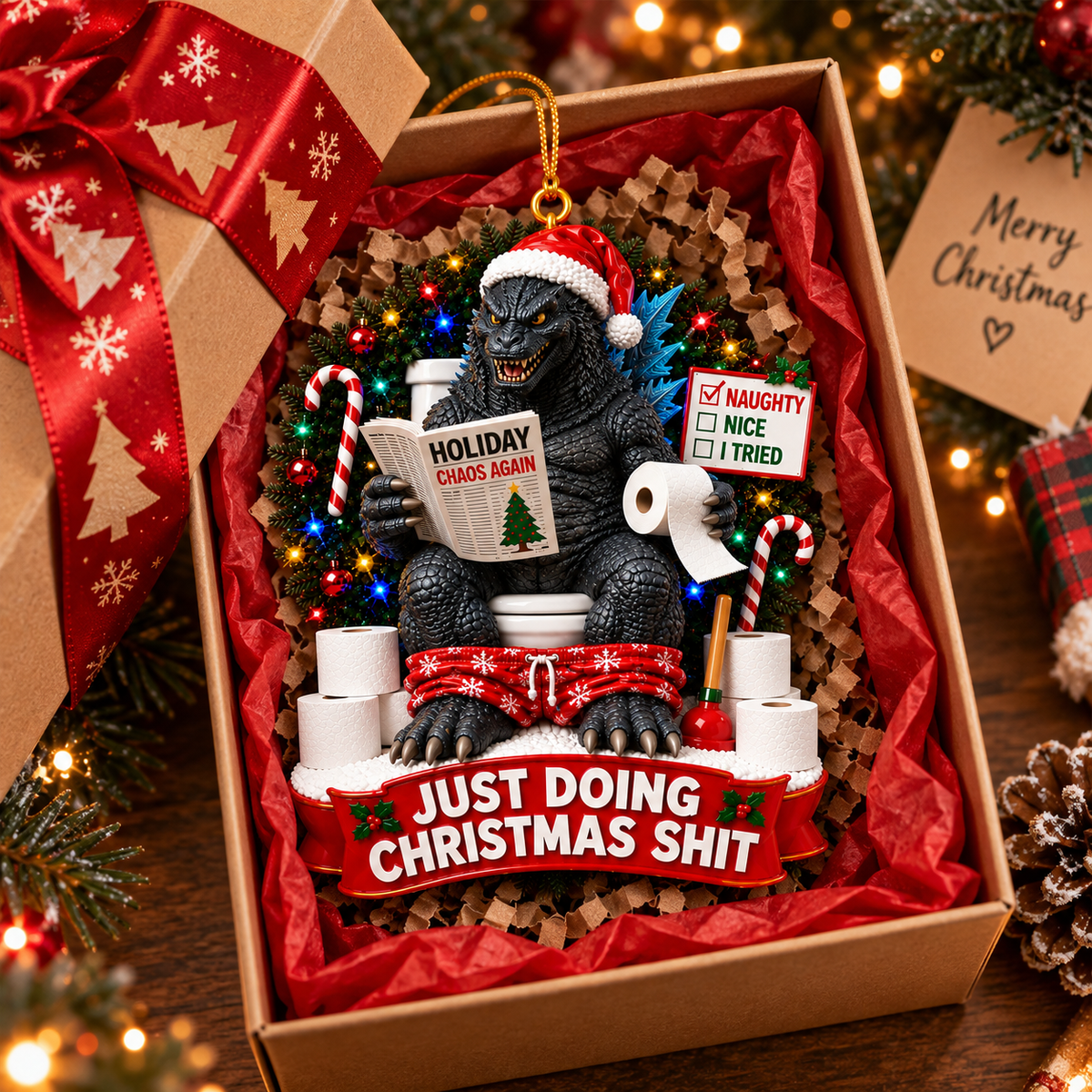 Godzilla Just Doing Christmas Shit Ornament – Funny Christmas Monster Holiday Decor, Godzilla Fan Gift