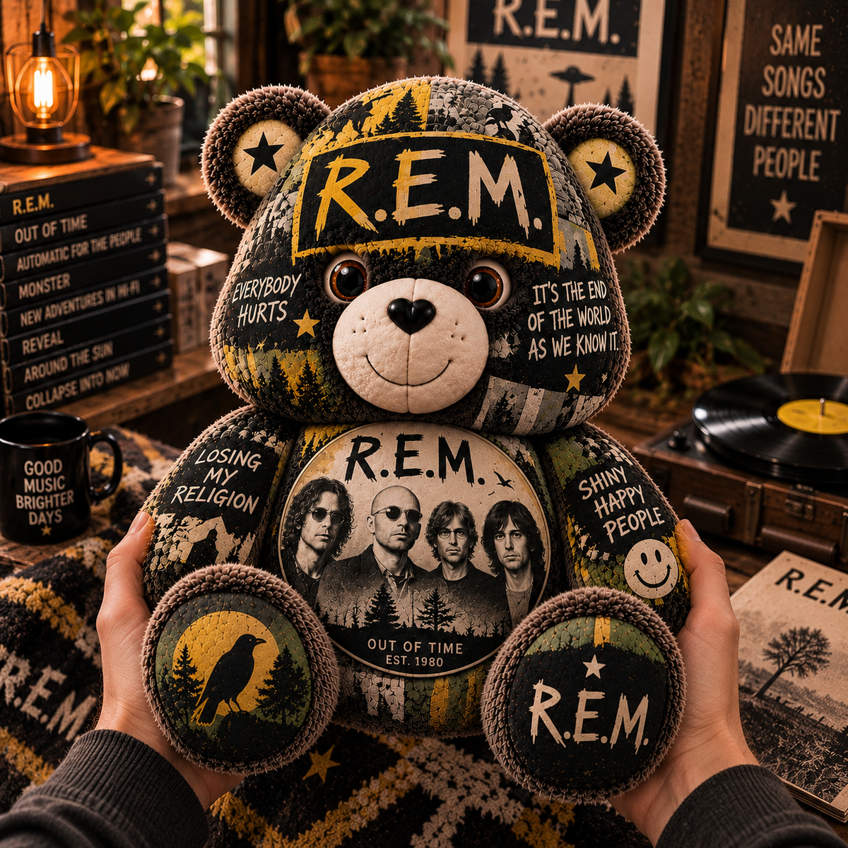 R.E.M. Bear Custom Shaped Pillow – Alternative Rock Music Fan Gift