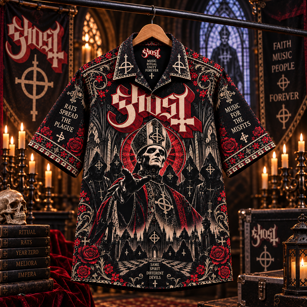 Ghost Hawaiian Shirt – Gothic Rock Music Inspired AOP Shirt, Dark Ritual Fan Gift