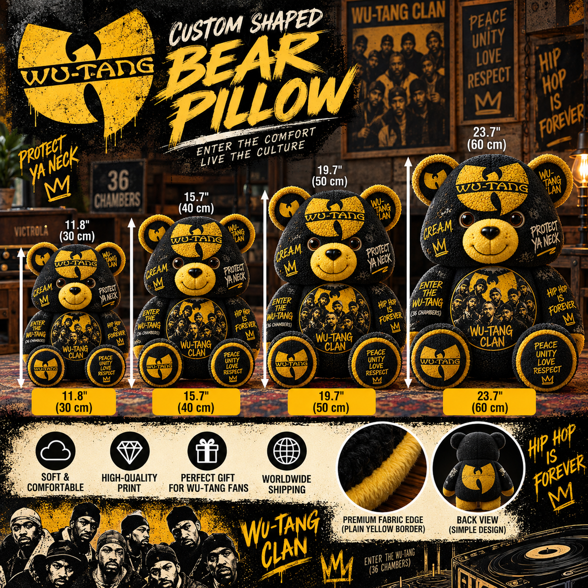 Wu-Tang Clan Custom Shaped Bear Pillow – 36 Chambers Hip Hop Inspired Gift for Wu-Tang Fans
