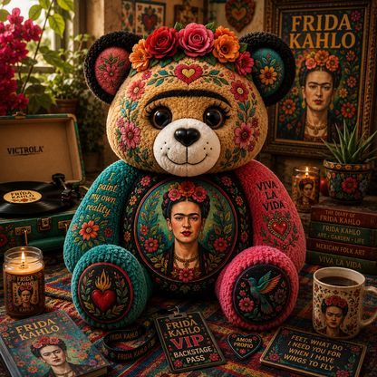 Frida Kahlo Custom Shaped Bear Pillow – Mexican Folk Art Inspired Gift for Art Lovers