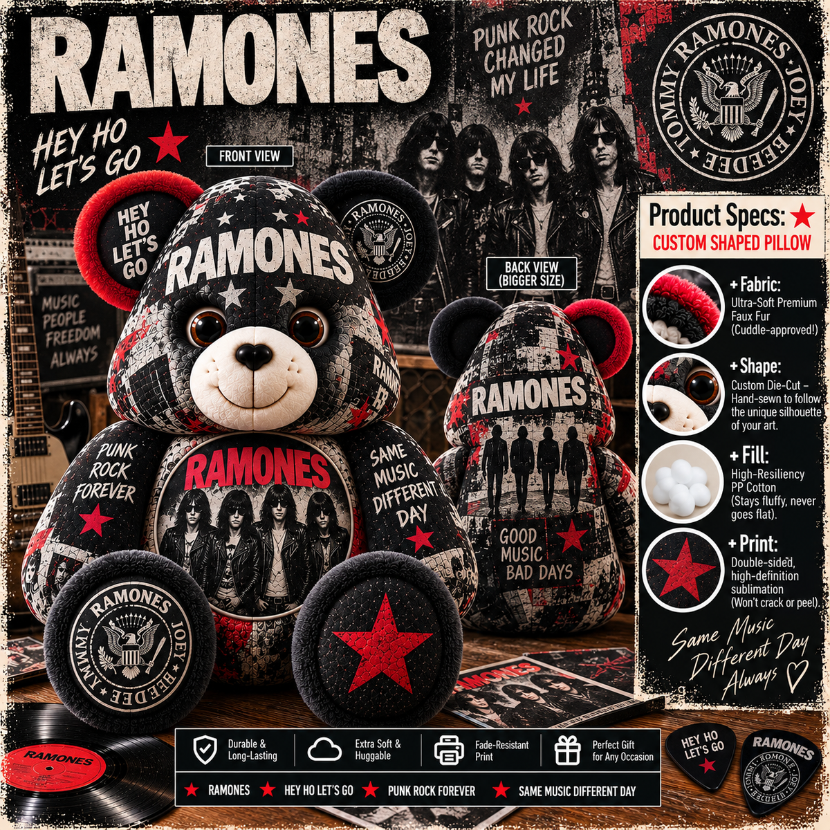 Ramones Bear Custom Shaped Pillow – Hey Ho Let’s Go Punk Rock Music Fan Gift