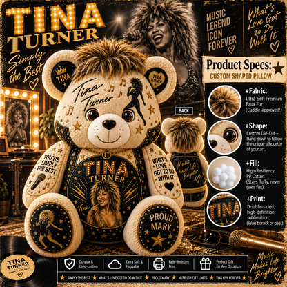 Tina Turner Bear Custom Shaped Pillow – Music Legend Fan Gift