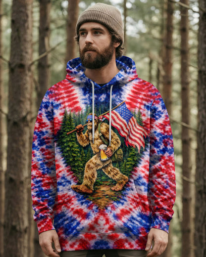 BIGFOOT WITH FLAG RED WHITE & BLUE SWIRL ALL OVER PRINT SHIRT