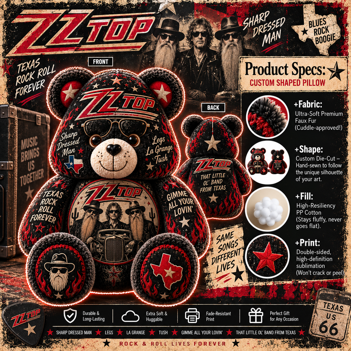 ZZ Top Bear Custom Shaped Pillow – Texas Blues Rock Music Fan Gift