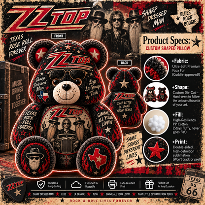 ZZ Top Bear Custom Shaped Pillow – Texas Blues Rock Music Fan Gift