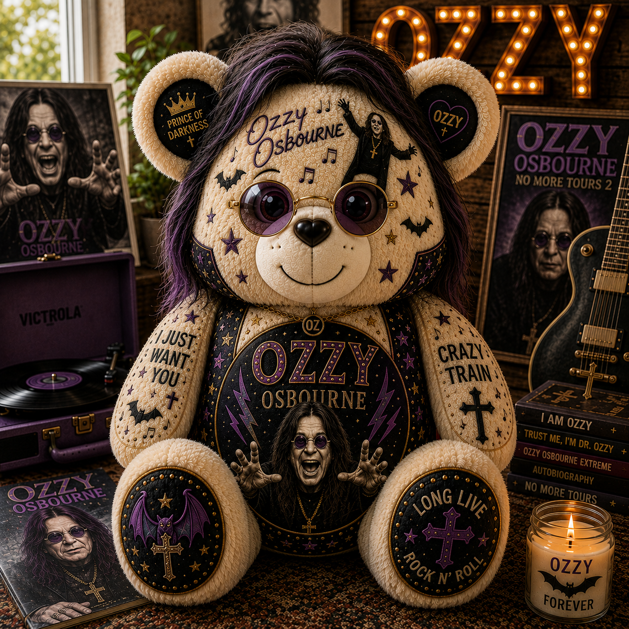 Ozzy Osbourne Bear Custom Shaped Pillow – Prince of Darkness Rock Music Fan Gift