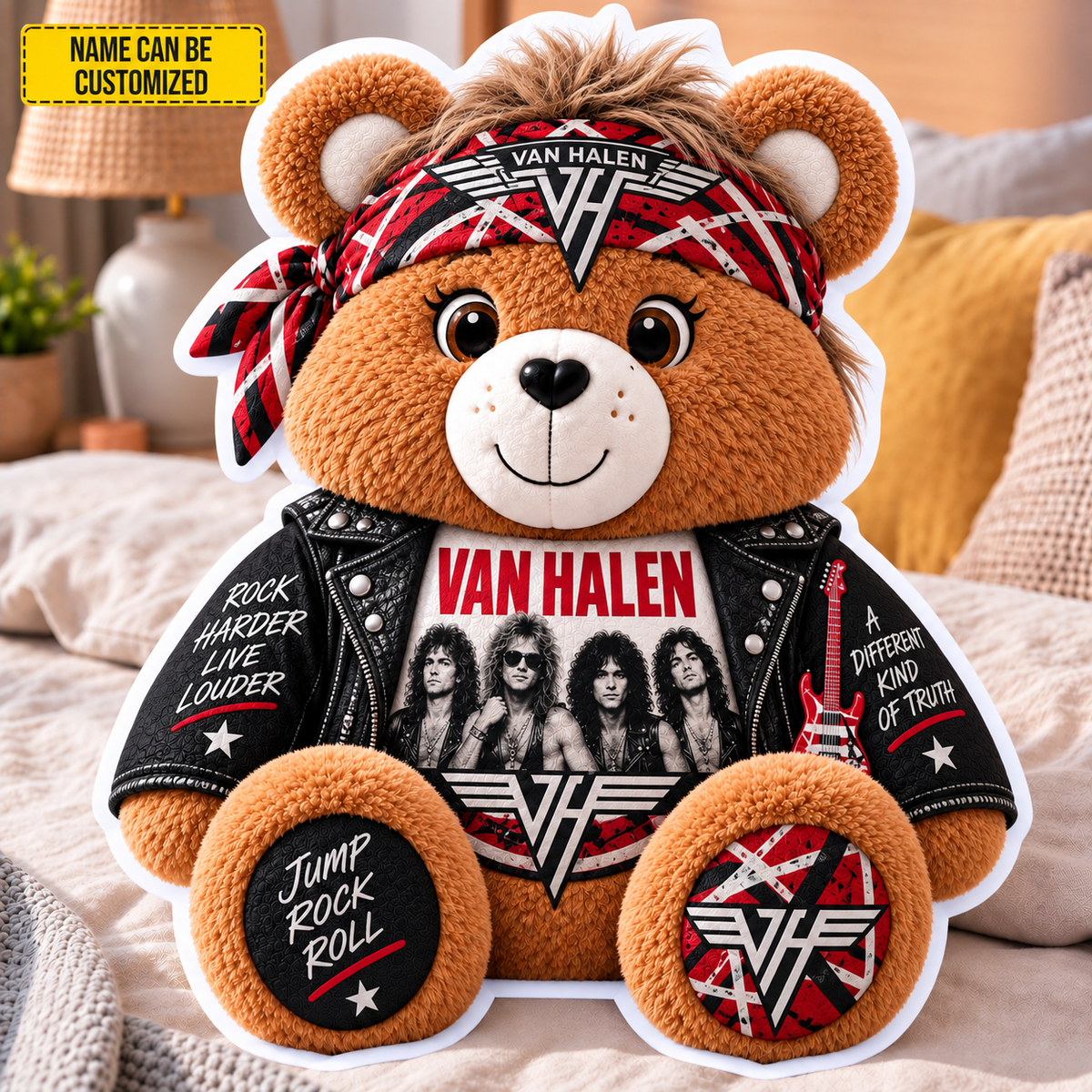 Van Halen Custom Shaped Bear Pillow – Classic Hard Rock Inspired Gift for Van Halen Fans