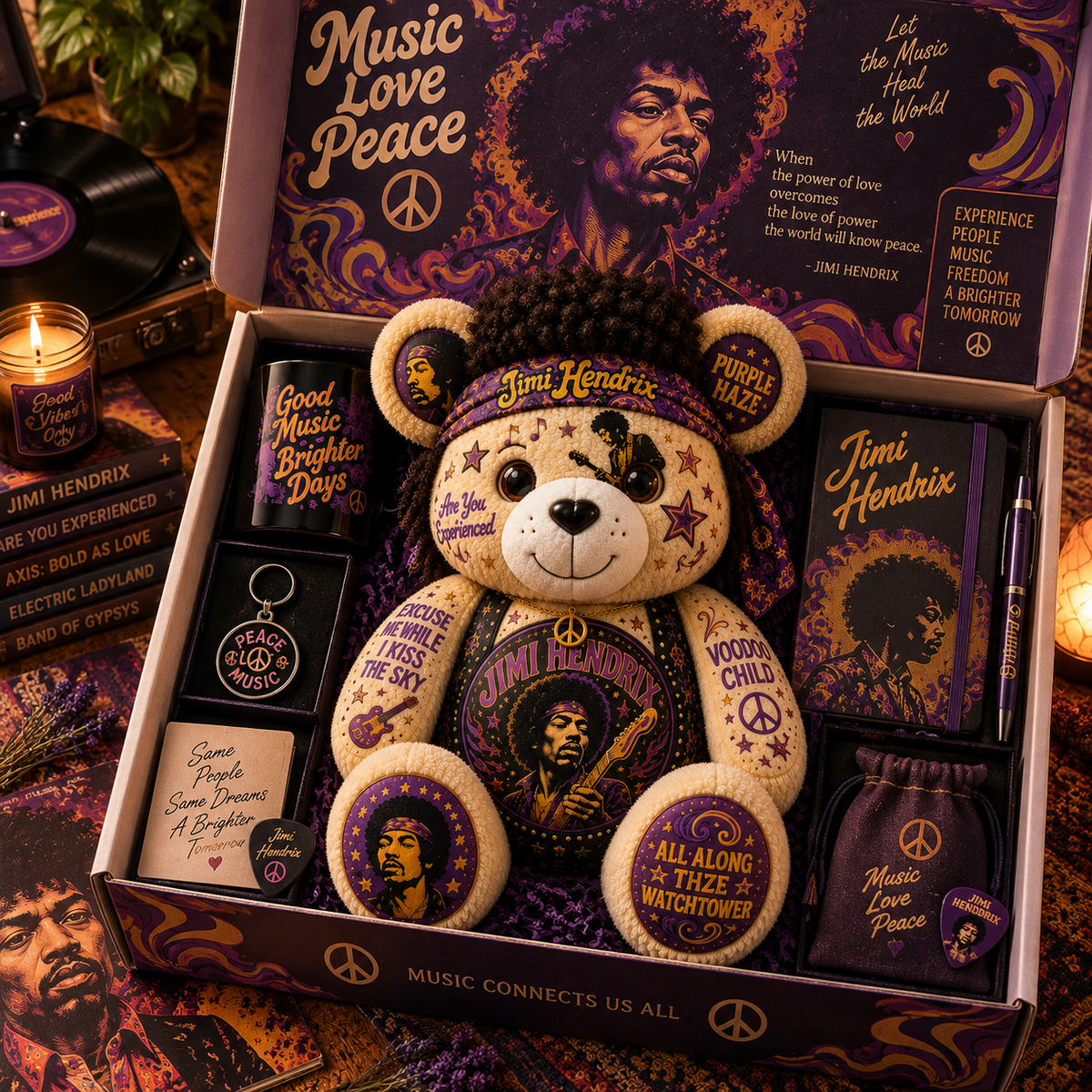 Jimi Hendrix Bear Custom Shaped Pillow – Purple Haze Rock Music Fan Gift