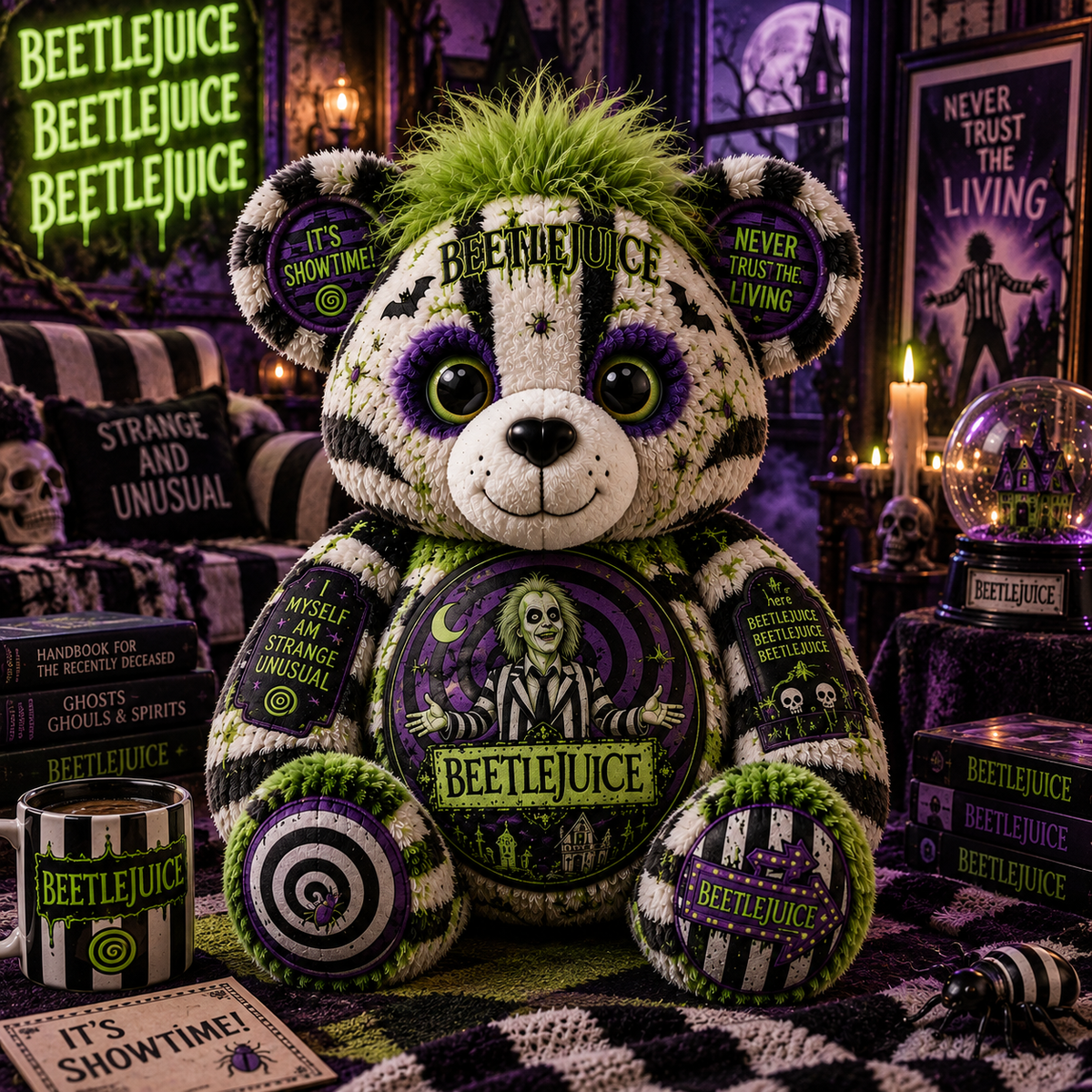 Beetlejuice Bear Custom Shaped Pillow – It’s Showtime Spooky Halloween Fan Gift