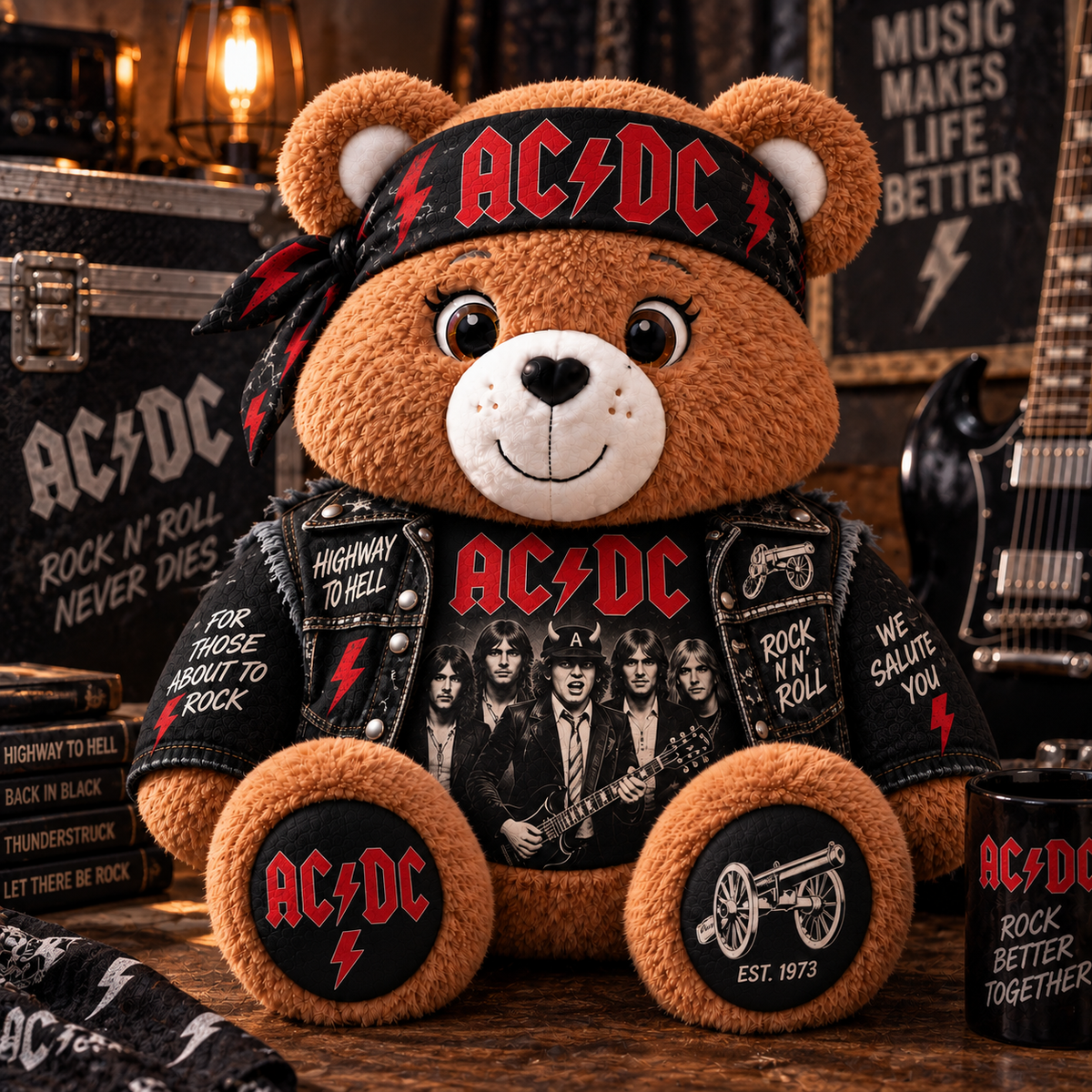 AC/DC Custom Shaped Bear Pillow – Classic Rock Inspired Gift for AC/DC Fans