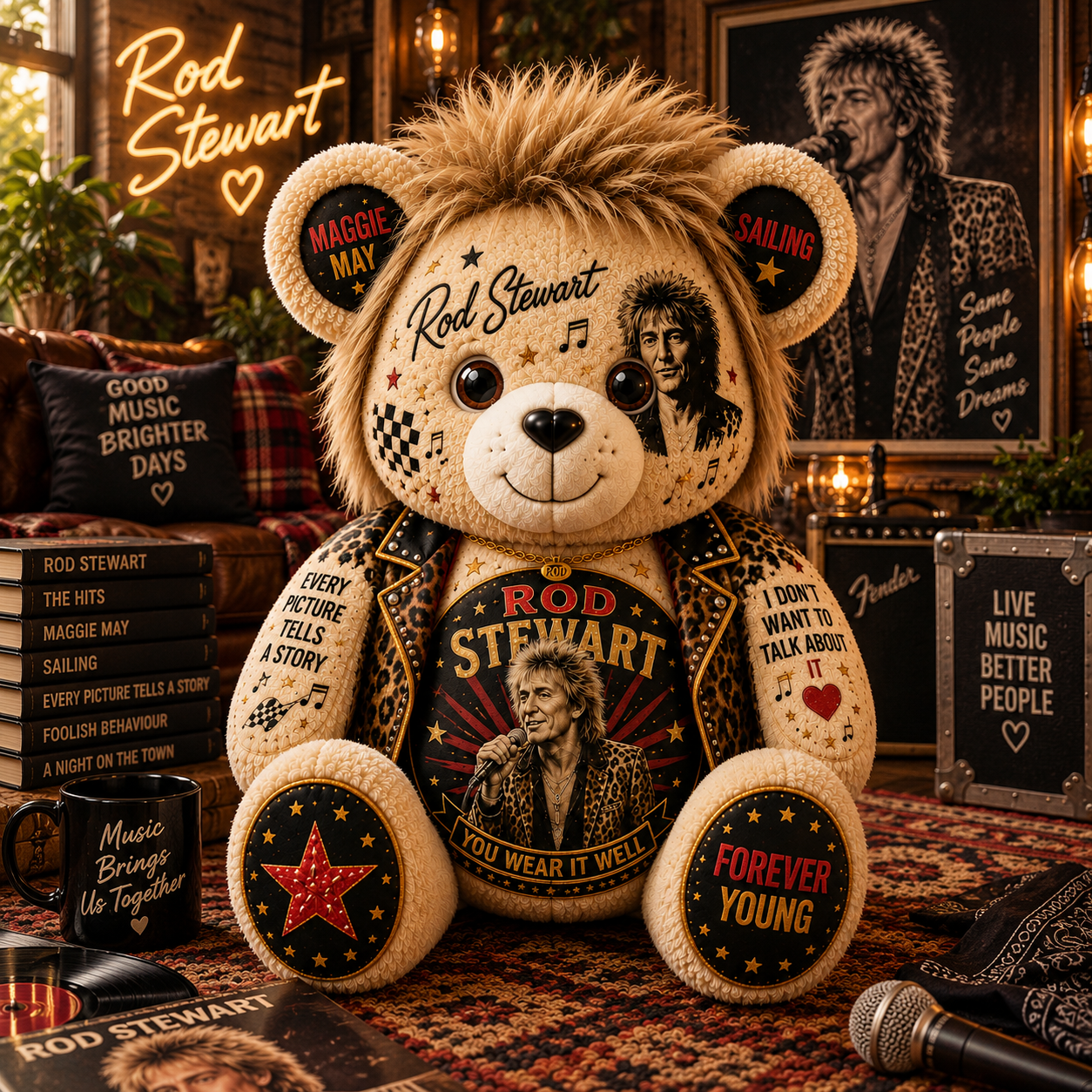 Rod Stewart Bear Custom Shaped Pillow – Forever Young Rock Music Fan Gift, Classic Rock Lover Decor