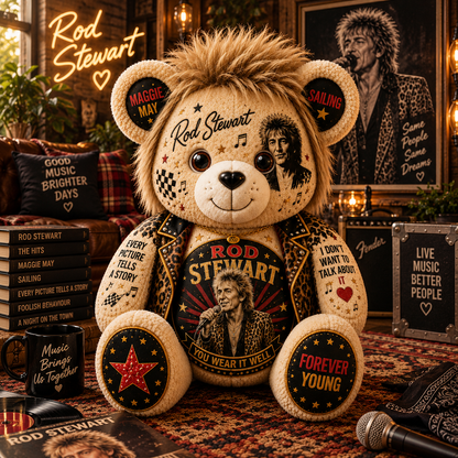 Rod Stewart Bear Custom Shaped Pillow – Forever Young Rock Music Fan Gift, Classic Rock Lover Decor