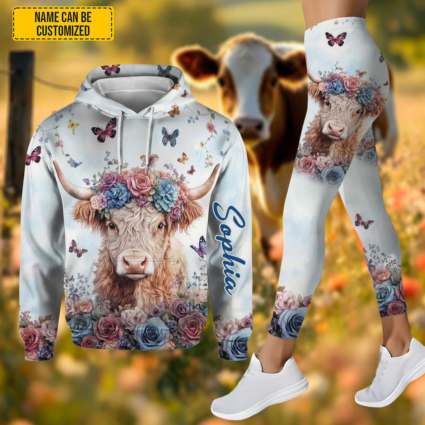 Personalized Floral Highland Cow Hoodie & Leggings Set