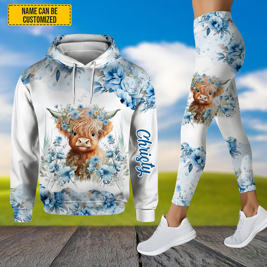 Personalized Floral Highland Cow Hoodie and Leggings