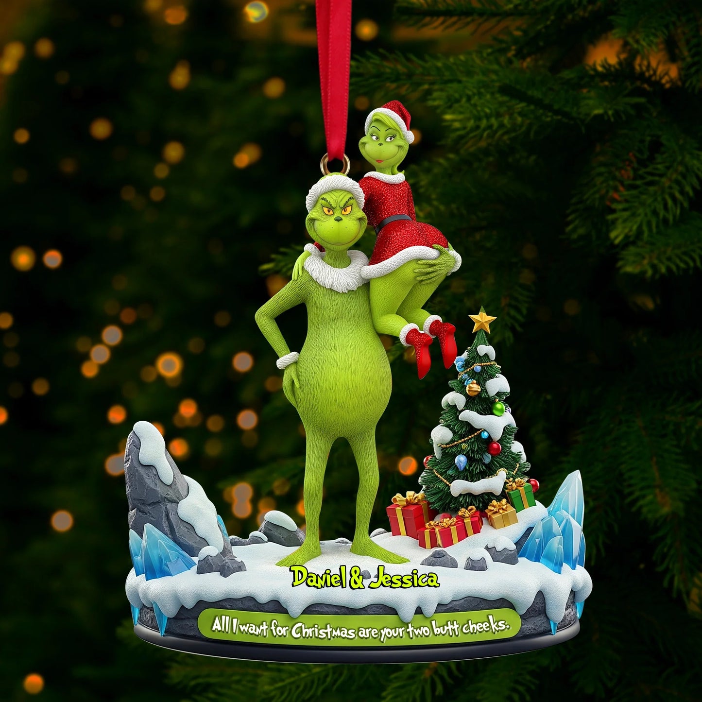 Hugging Green Monster Couple - Personalized Couple Ornament