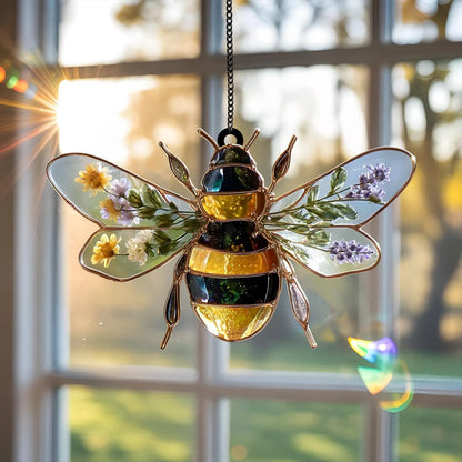 Bee Acrylic Window Suncatcher with Dried Flowers