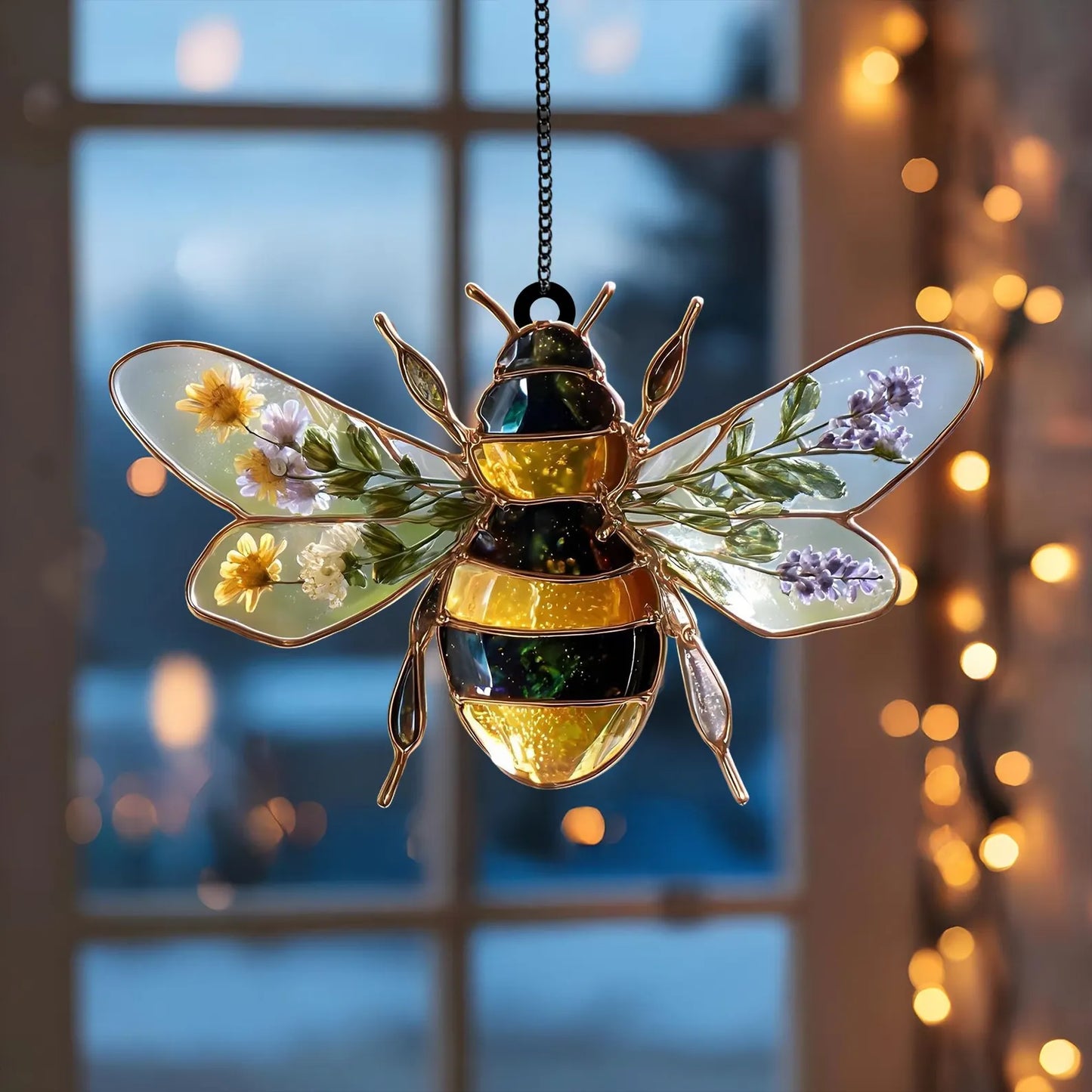 Bee Acrylic Window Suncatcher with Dried Flowers