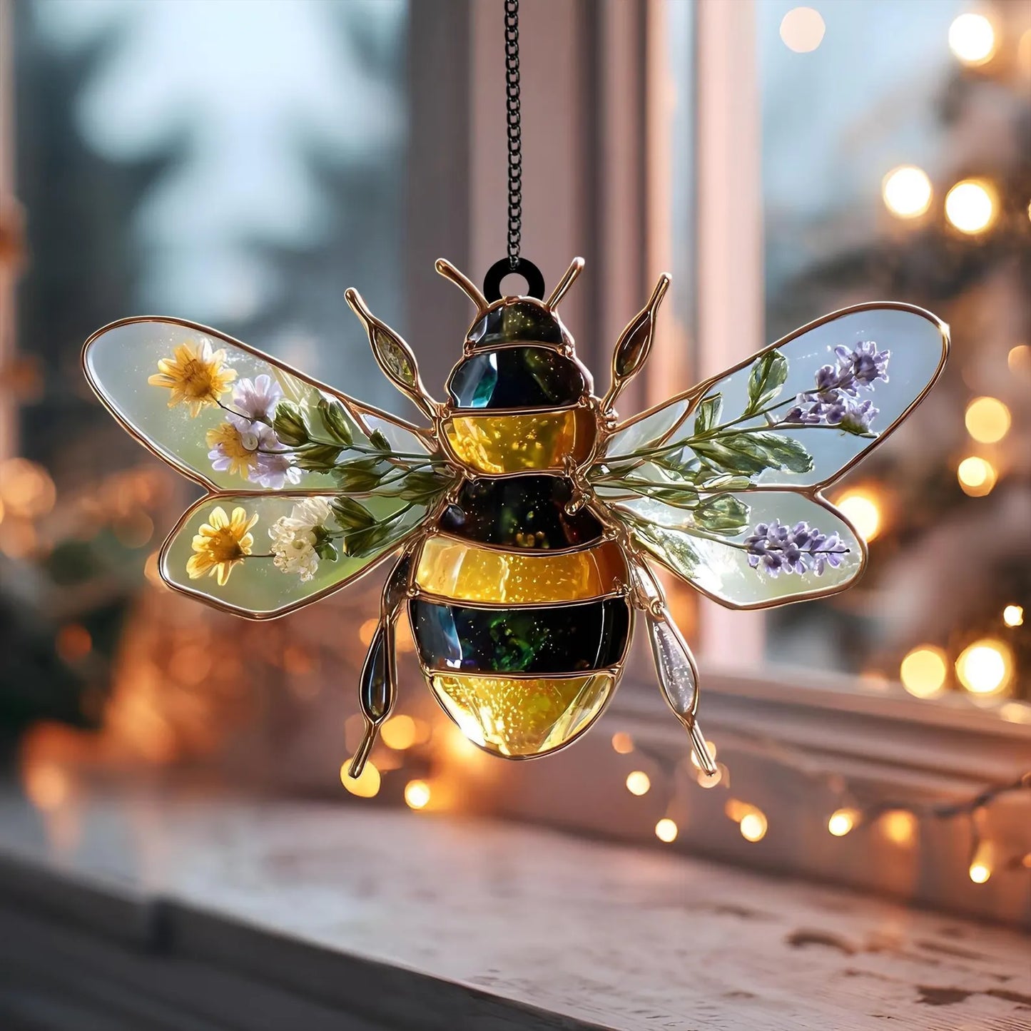 Bee Acrylic Window Suncatcher with Dried Flowers