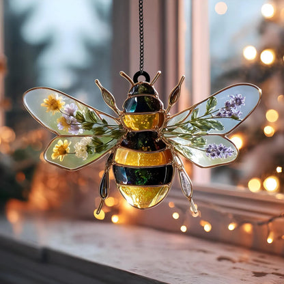 Bee Acrylic Window Suncatcher with Dried Flowers