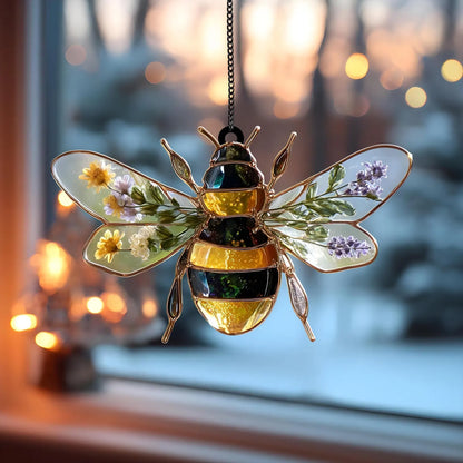 Bee Acrylic Window Suncatcher with Dried Flowers