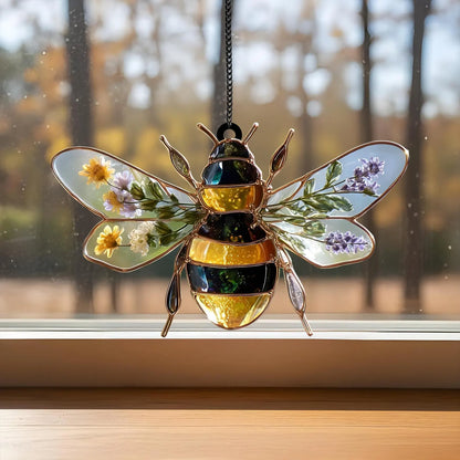 Bee Acrylic Window Suncatcher with Dried Flowers