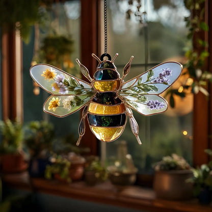 Bee Acrylic Window Suncatcher with Dried Flowers