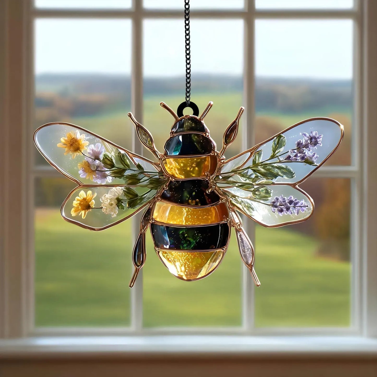 Bee Acrylic Window Suncatcher with Dried Flowers