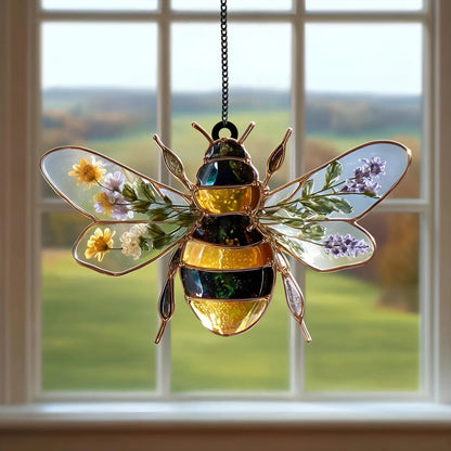 Bee Acrylic Window Suncatcher with Dried Flowers