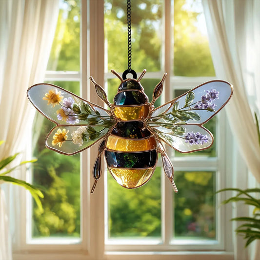 Bee Acrylic Window Suncatcher with Dried Flowers