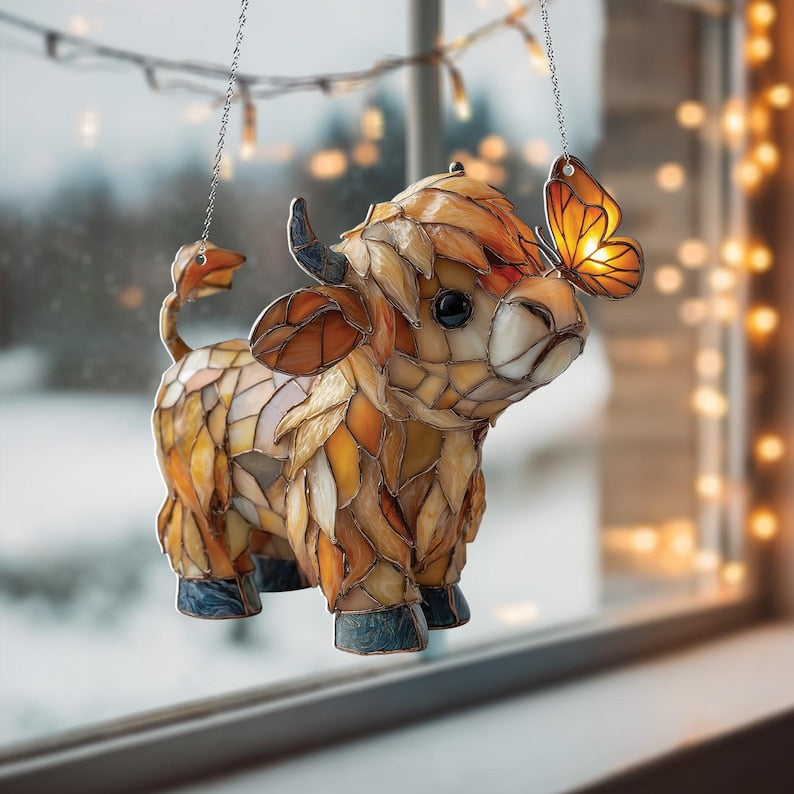 Highland Cow and Butterfly Acrylic Window Hanging
