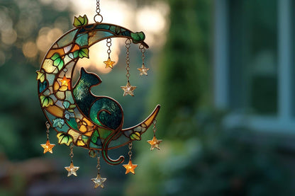 Cat on Crescent Moon Faux Stained Glass Suncatcher