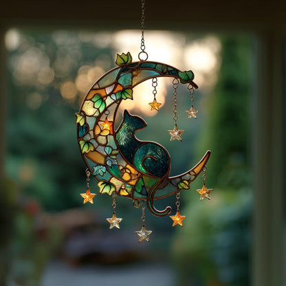 Cat on Crescent Moon Faux Stained Glass Suncatcher