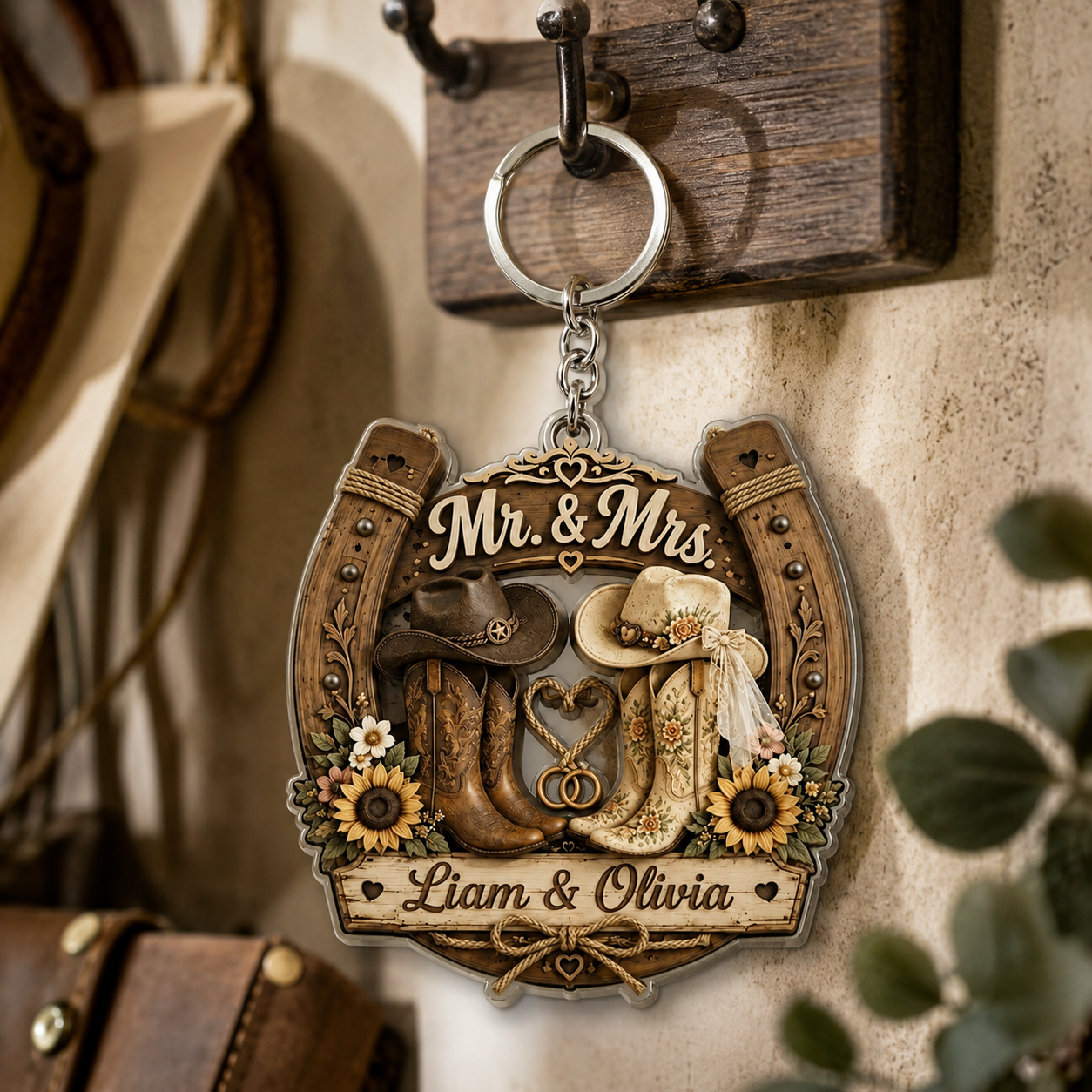 Personalized Cowboy & Cowgirl Boots Keychain - Custom Western Mr & Mrs Horseshoe Acrylic Keyring Gift for Couples