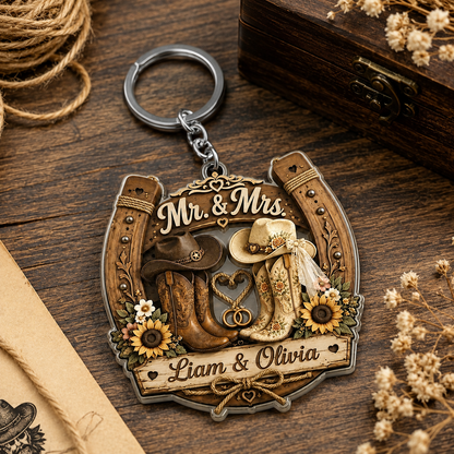 Personalized Cowboy & Cowgirl Boots Keychain - Custom Western Mr & Mrs Horseshoe Acrylic Keyring Gift for Couples