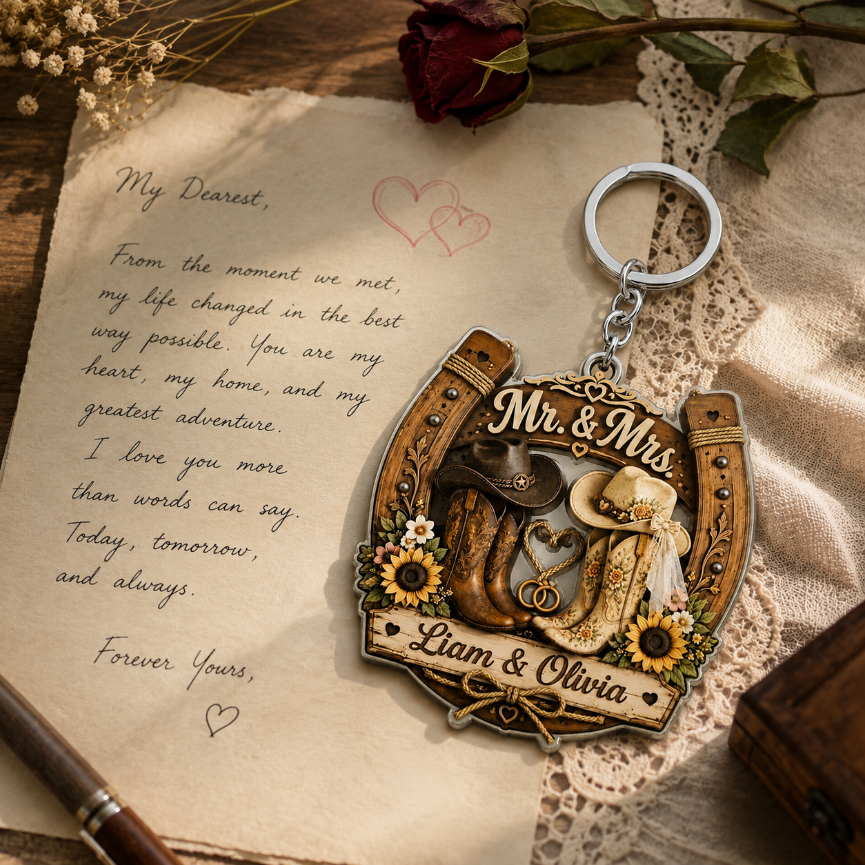 Personalized Cowboy & Cowgirl Boots Keychain - Custom Western Mr & Mrs Horseshoe Acrylic Keyring Gift for Couples