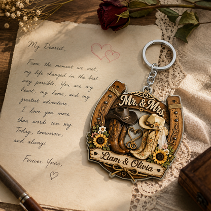 Personalized Cowboy & Cowgirl Boots Keychain - Custom Western Mr & Mrs Horseshoe Acrylic Keyring Gift for Couples