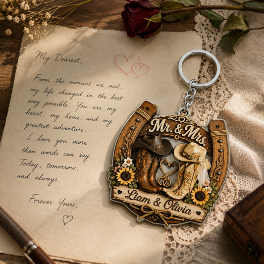 Personalized Cowboy & Cowgirl Boots Keychain - Custom Western Mr & Mrs Horseshoe Acrylic Keyring Gift for Couples