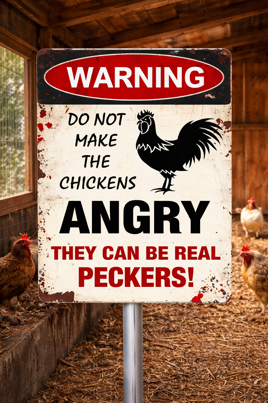 Warning Do Not Make The Chcickens Angry - Funny Chicken Metal Sign