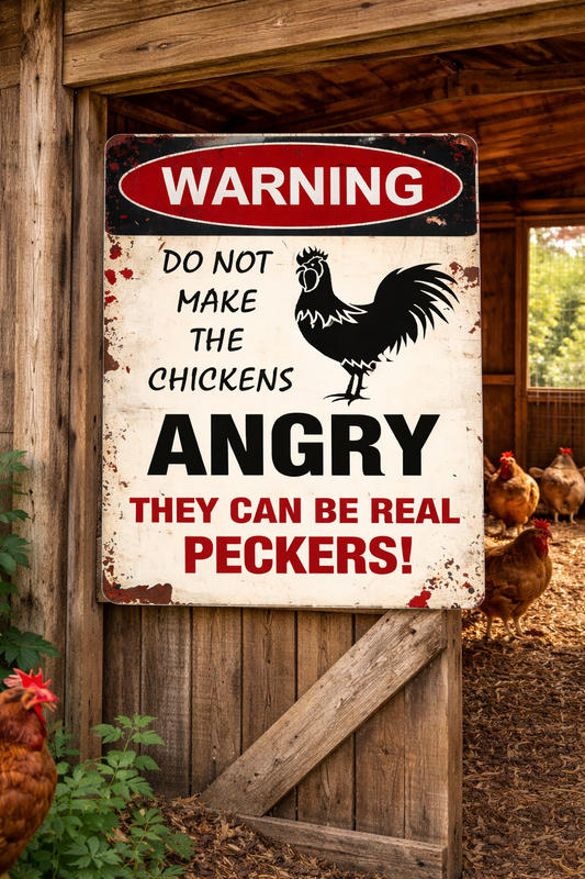 Warning Do Not Make The Chcickens Angry - Funny Chicken Metal Sign
