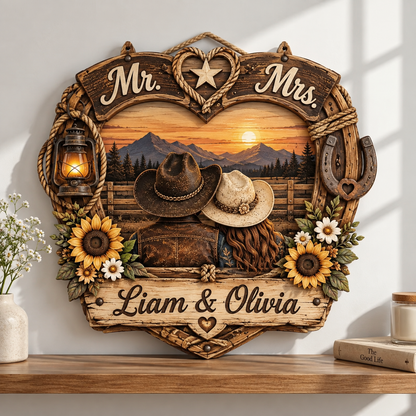 Personalized Western Heart Wood Sign, Cowboy and Cowgirl Couple Plaque