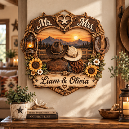 Personalized Western Heart Wood Sign, Cowboy and Cowgirl Couple Plaque