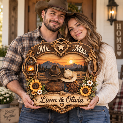 Personalized Western Heart Wood Sign, Cowboy and Cowgirl Couple Plaque