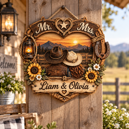 Personalized Western Heart Wood Sign, Cowboy and Cowgirl Couple Plaque