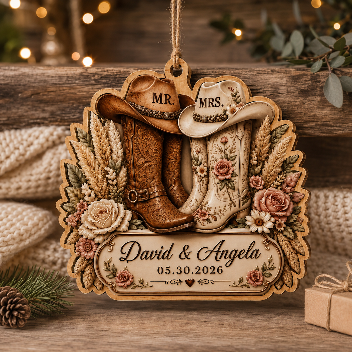 Personalized Western Mr. & Mrs. Cowboy Boots Wooden Ornament