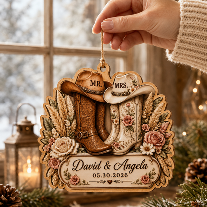Personalized Western Mr. & Mrs. Cowboy Boots Wooden Ornament