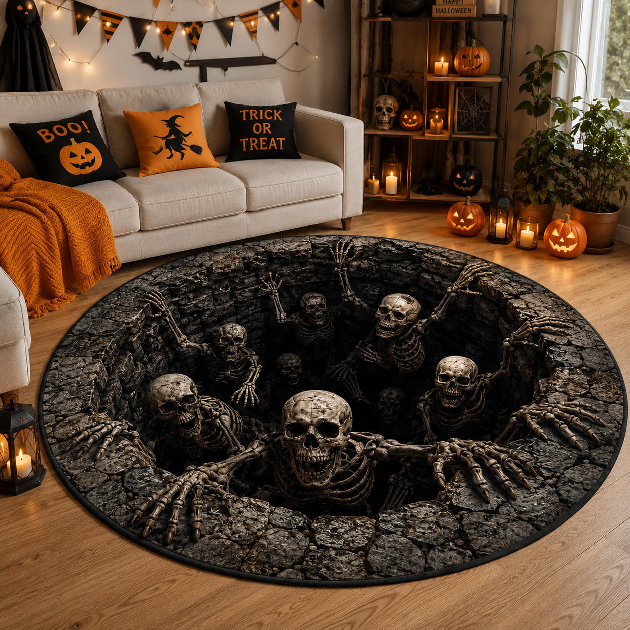 3D Skeleton Abyss Illusion Round Area Rug