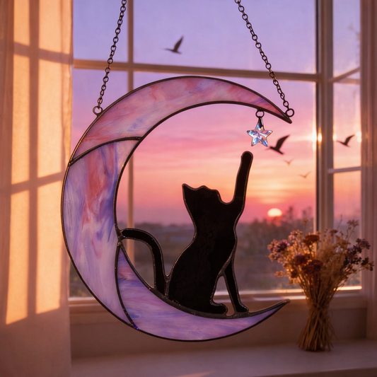 Moon Cat Suncatcher - Celestial Window Shape Stained Glass Suncatcher