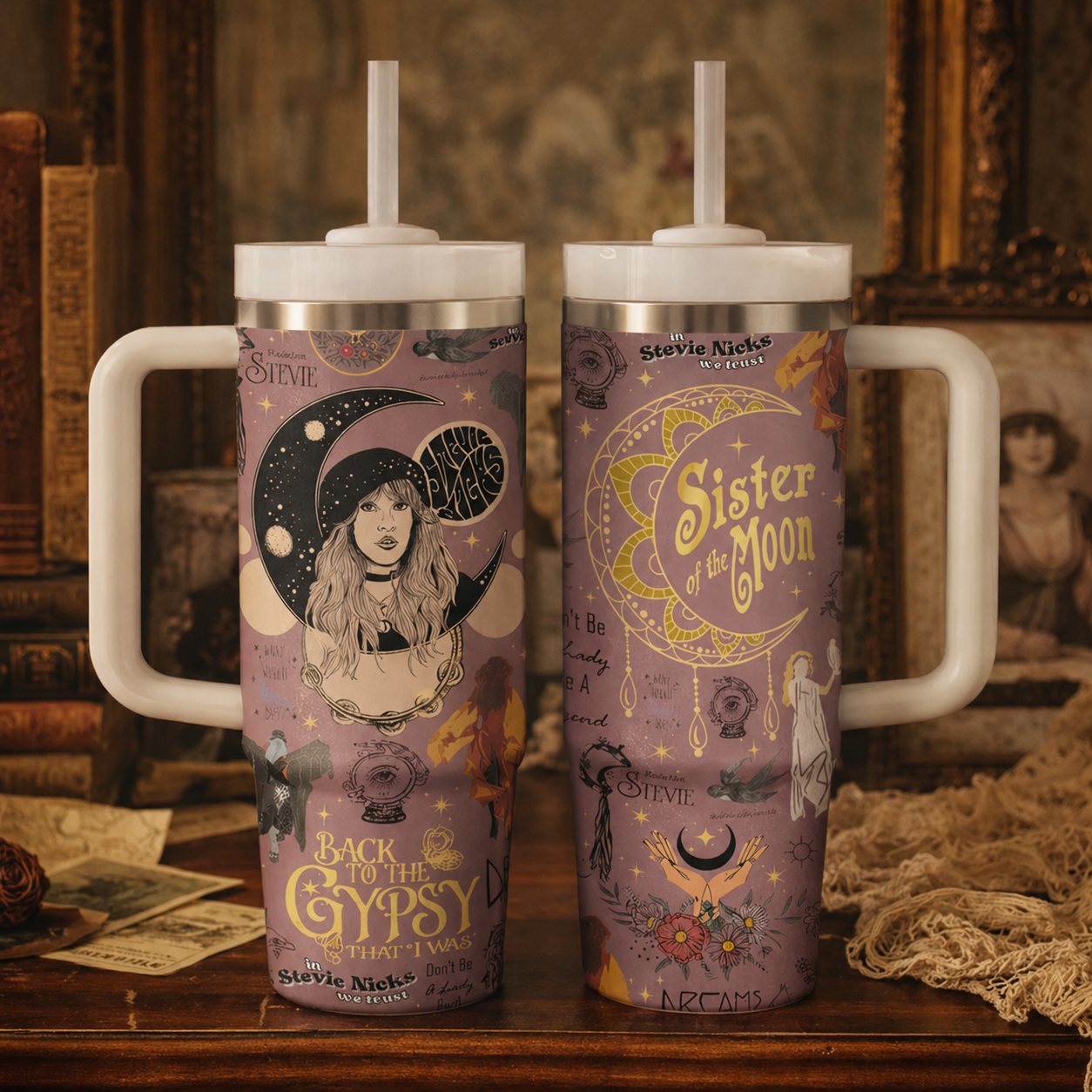 Gypsy Hippie Vintage Rock Floral Tumbler With Handle 40oz